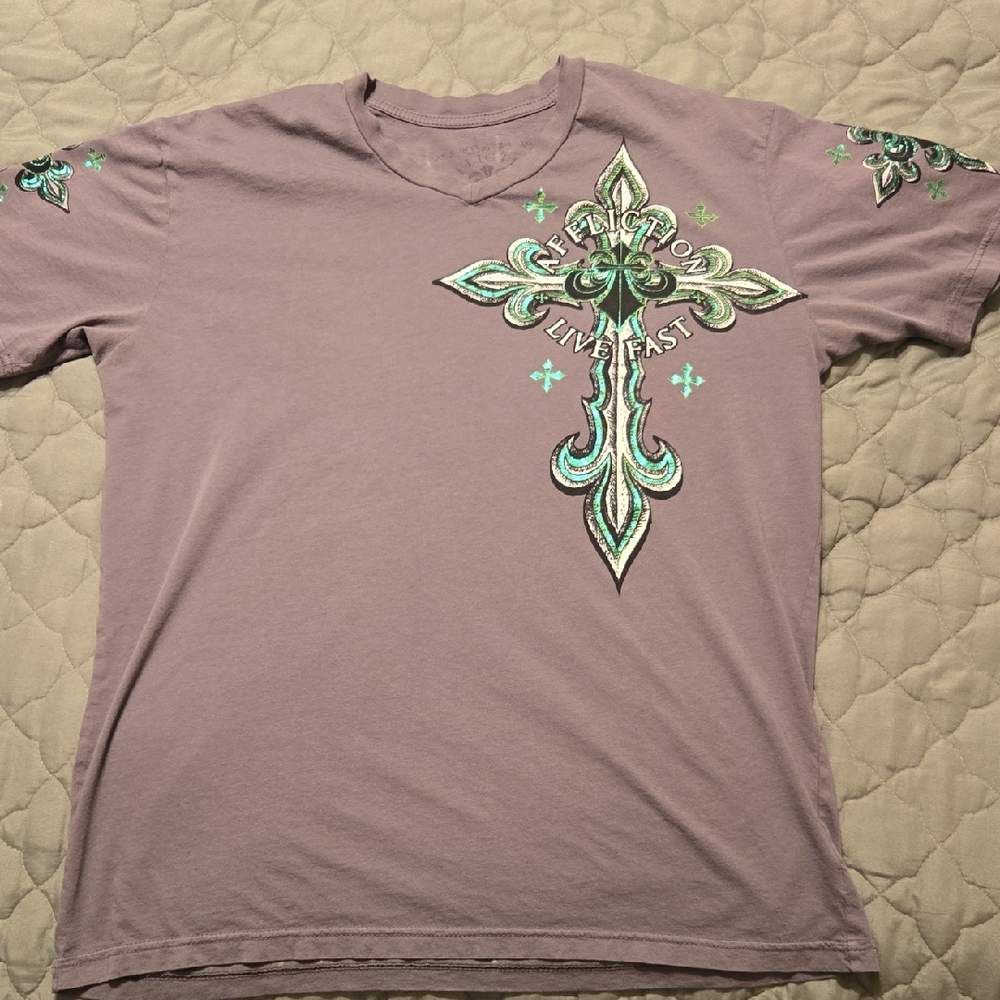 Affliction Gray and Green Cross Tee